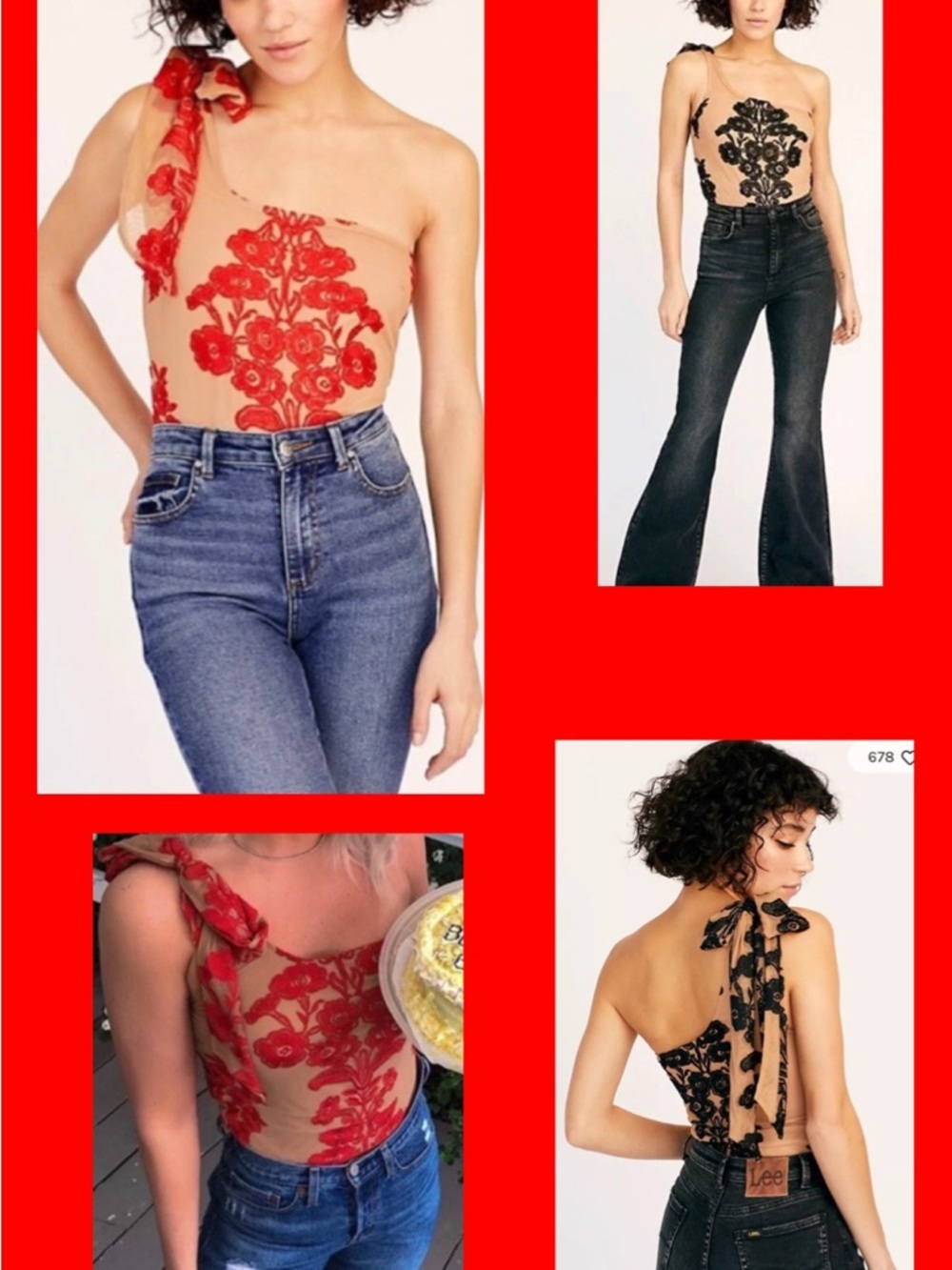 NWT For Love and Lemons Temecula One Shoulder Bodysuit Red/Nude - Picture 2 of 14